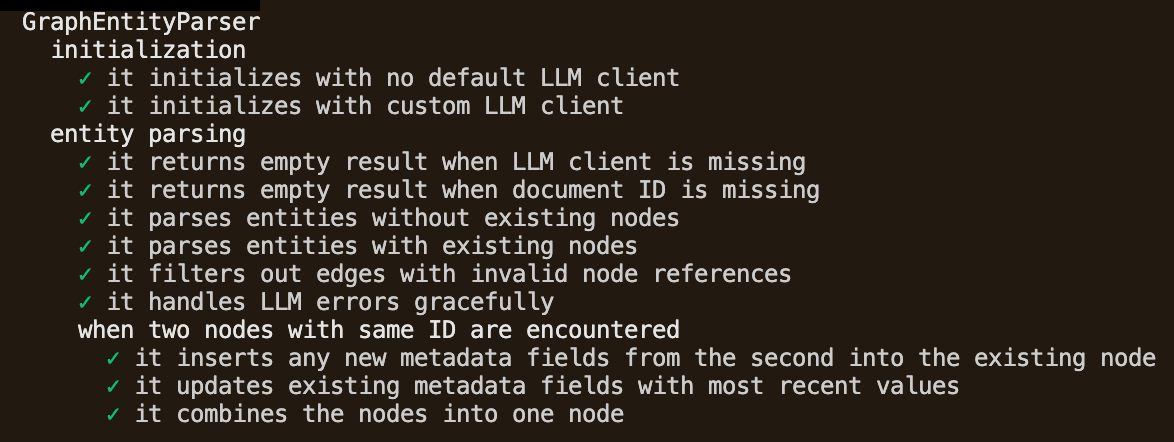 The same GraphEntityParser spec run again, with the three node-merging examples now passing alongside all the others.