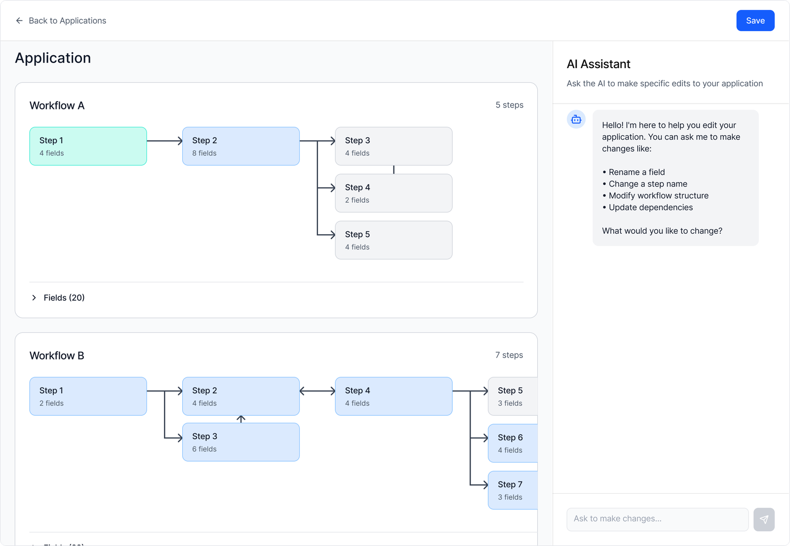 The same application drawn as a diagram instead: two workflows laid out as connected step boxes with field counts and branching arrows, with the AI assistant reduced to a side panel offering specific edits.